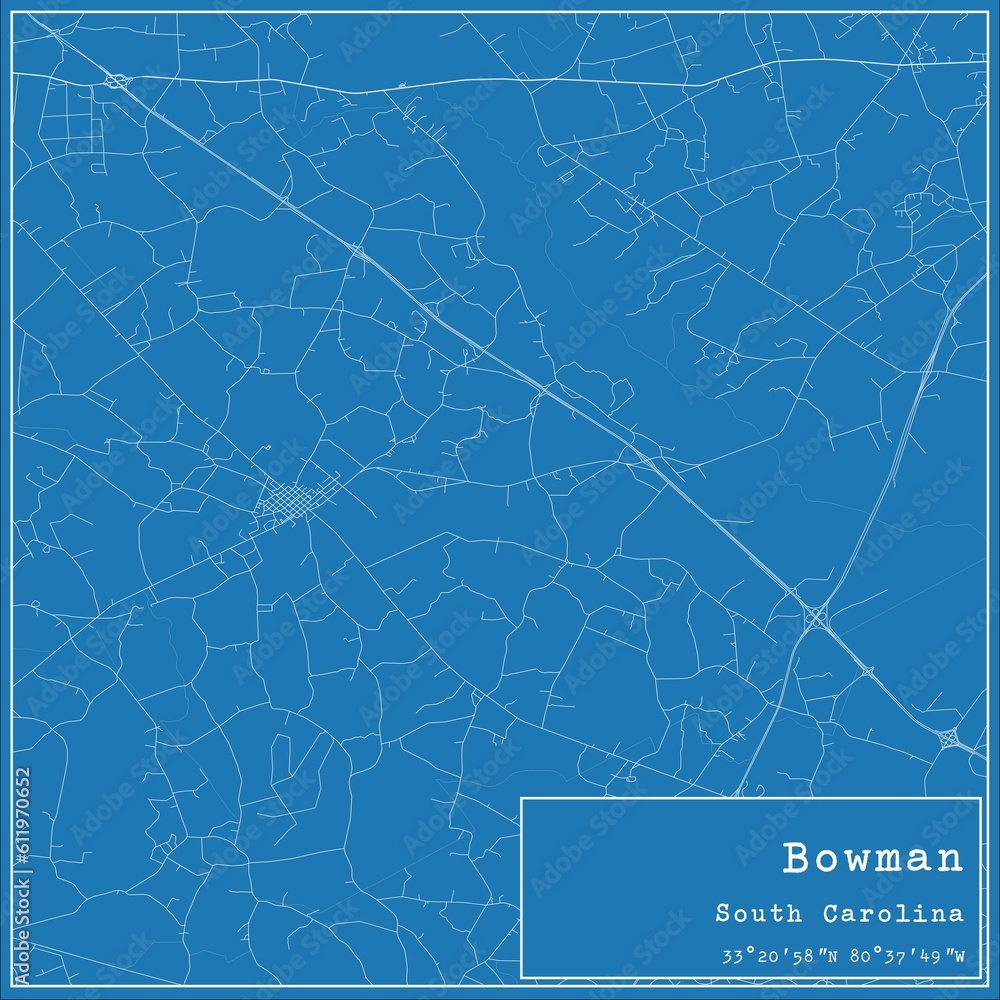 Blueprint US city map of Bowman, South Carolina.