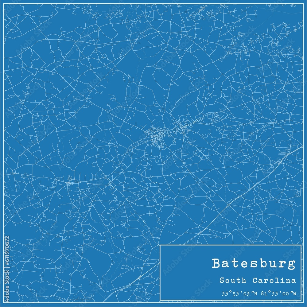 Blueprint US city map of Batesburg, South Carolina.