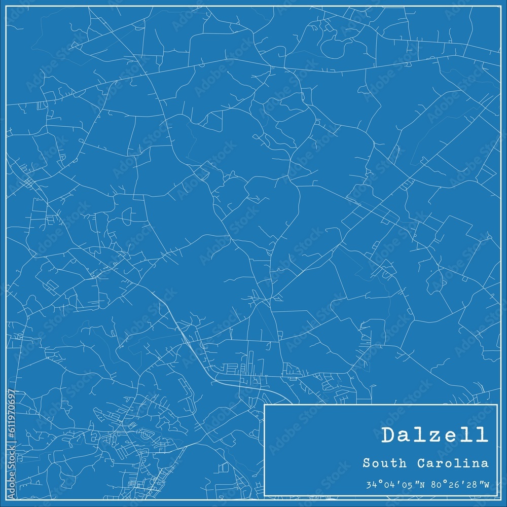 Blueprint US city map of Dalzell, South Carolina.