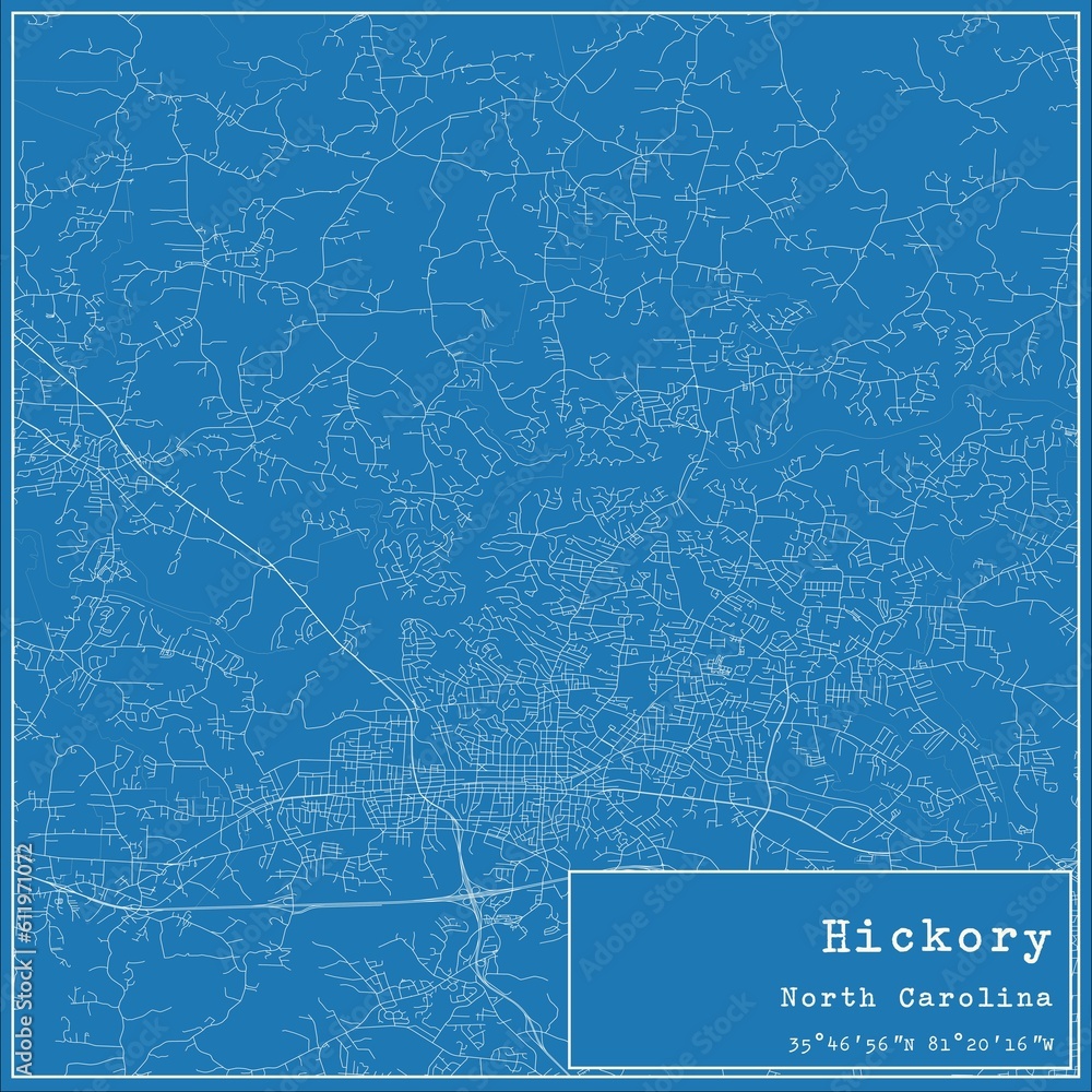 Blueprint US city map of Hickory, North Carolina.