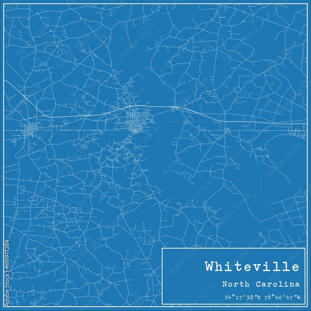 Blueprint US city map of Whiteville, North Carolina.
