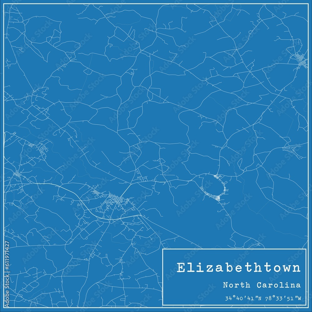Blueprint US city map of Elizabethtown, North Carolina.