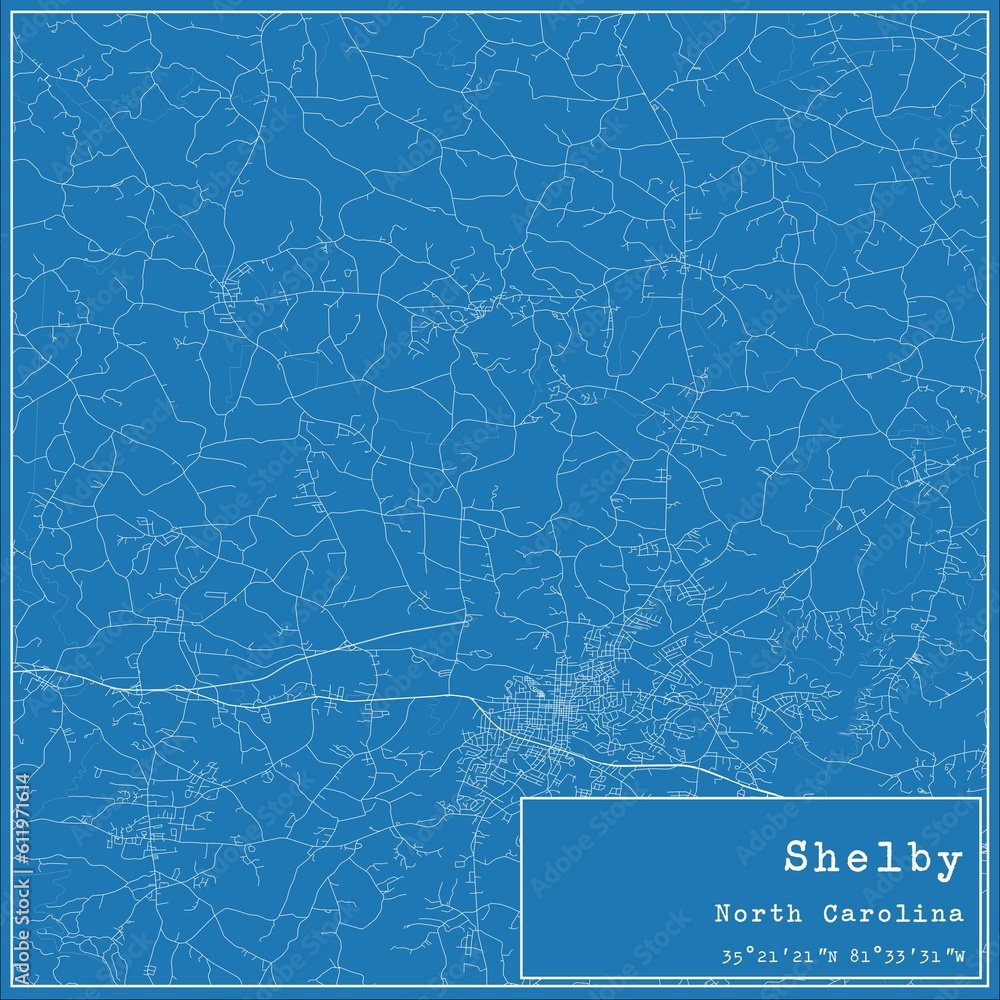 Blueprint US city map of Shelby, North Carolina.