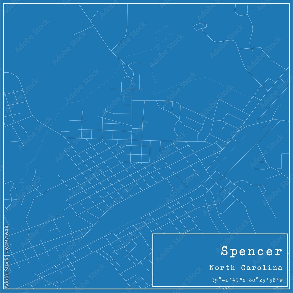 Blueprint US city map of Spencer, North Carolina.