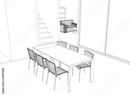 Wireframe Dining room home interior graphic black white sketch illustration vector. Dining table and chairs in wireframe art drawing style. Classic style dining room furniture. Vector illustration. 3D