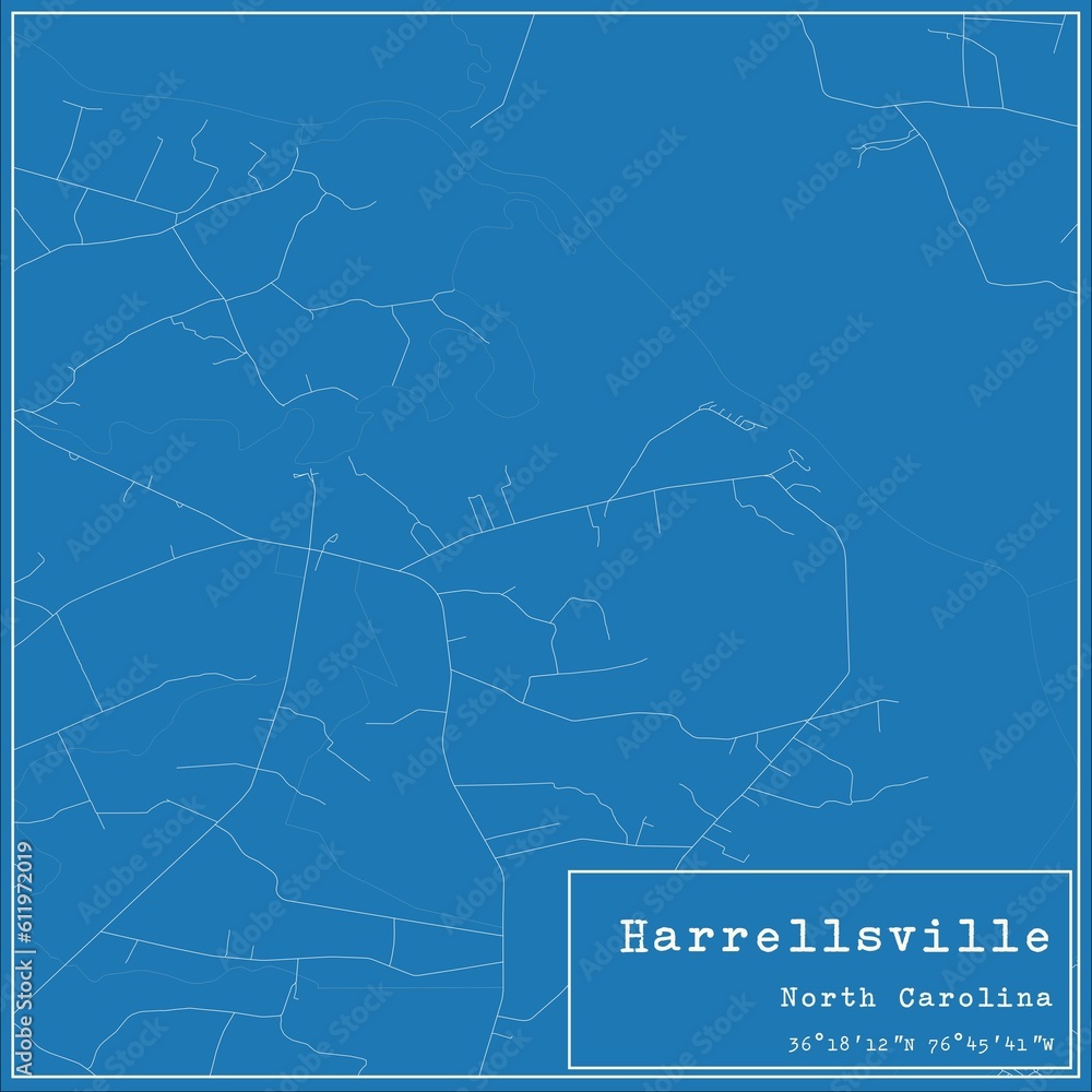 Blueprint US city map of Harrellsville, North Carolina.