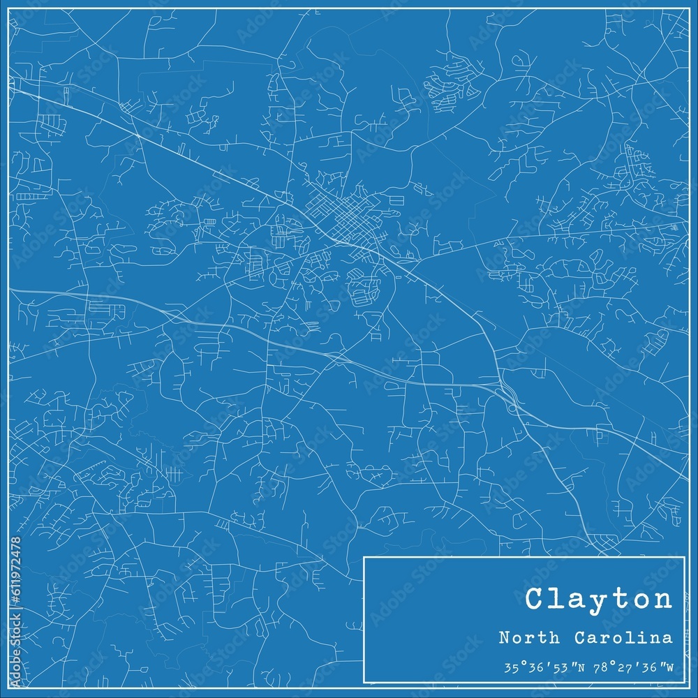 Blueprint US city map of Clayton, North Carolina. Blueprint US city map of Clayton, North Carolina.