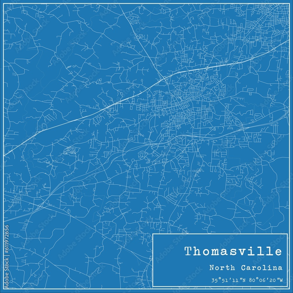 Blueprint US city map of Thomasville, North Carolina.