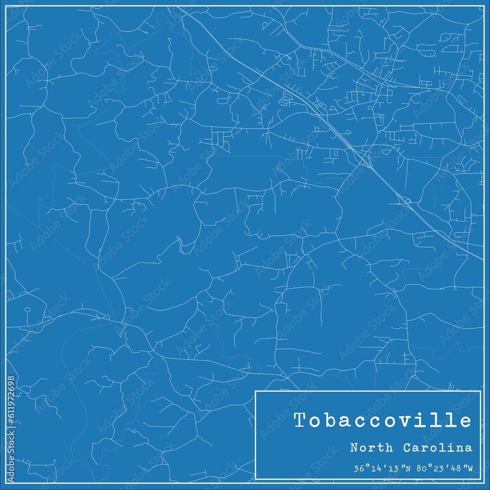 Blueprint US city map of Tobaccoville, North Carolina.