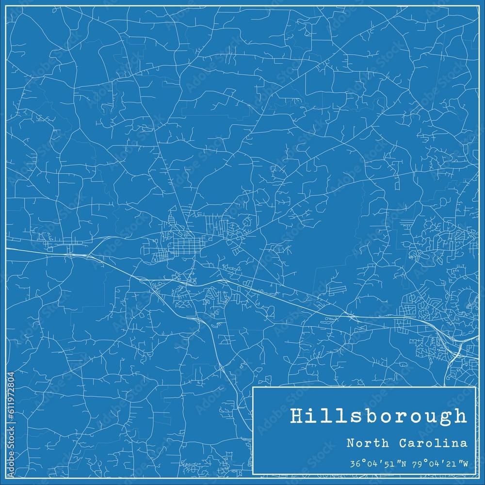 Blueprint US city map of Hillsborough, North Carolina.