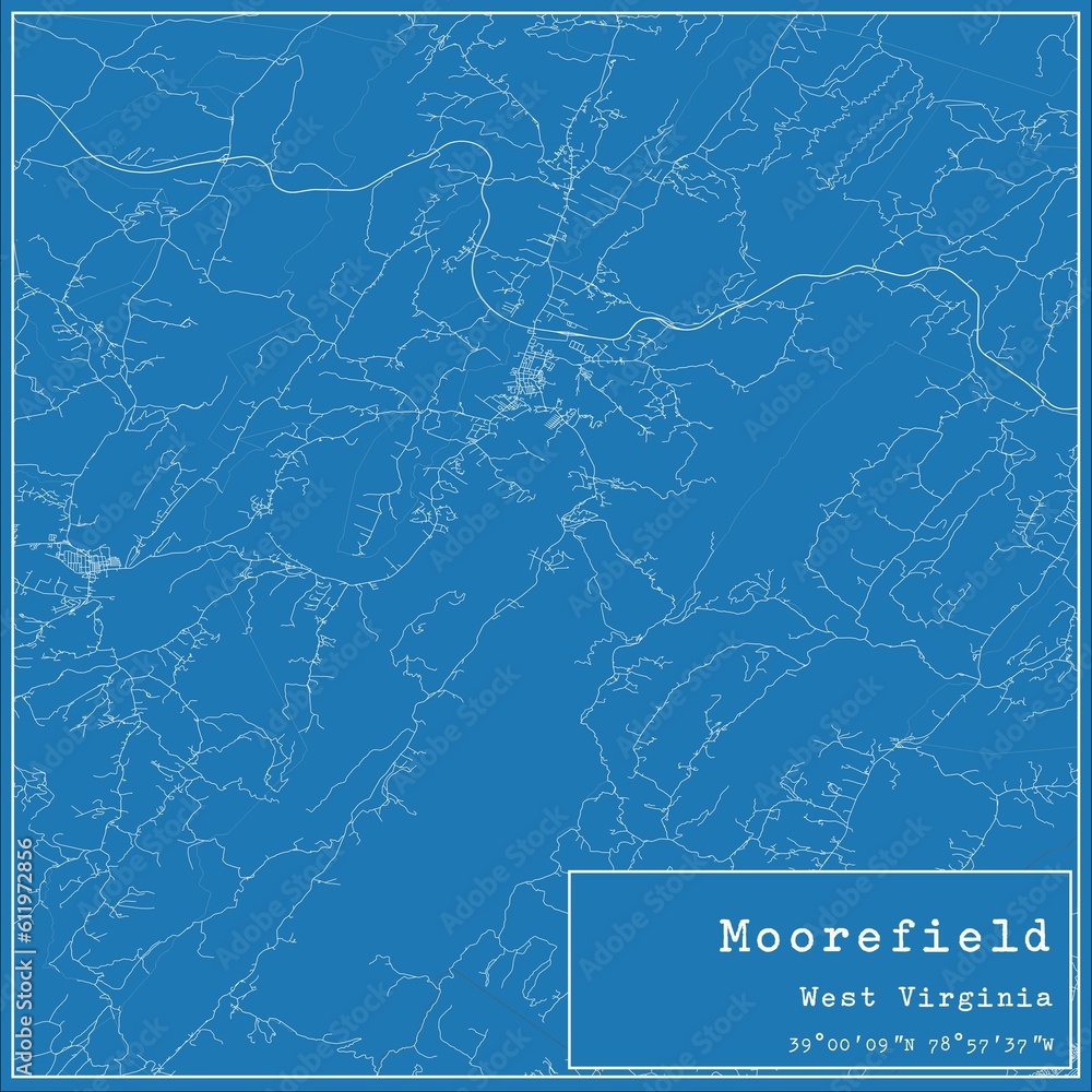 Blueprint US city map of Moorefield, West Virginia.