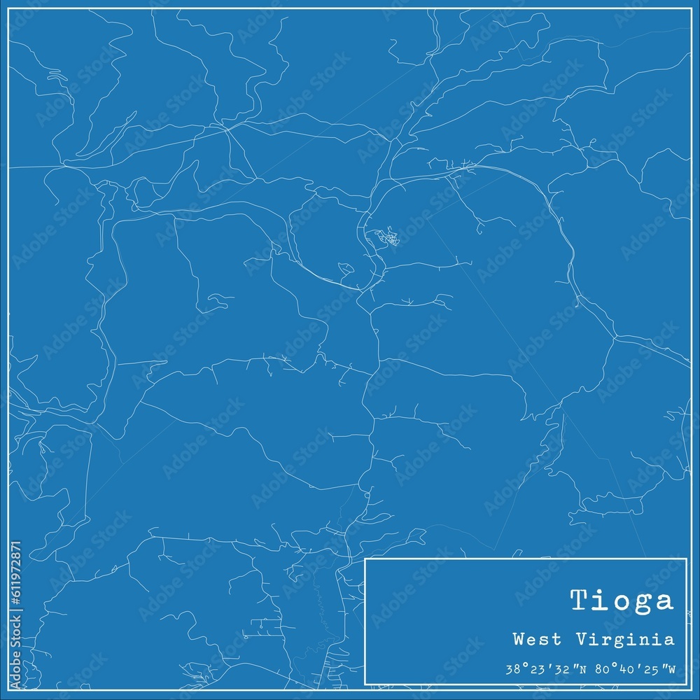 Fototapeta premium Blueprint US city map of Tioga, West Virginia.