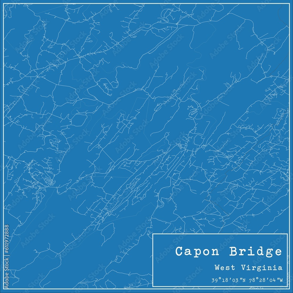 Blueprint US city map of Capon Bridge, West Virginia.