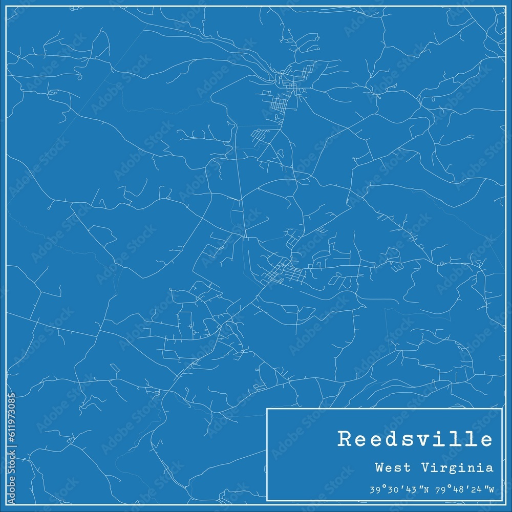 Blueprint US city map of Reedsville, West Virginia.