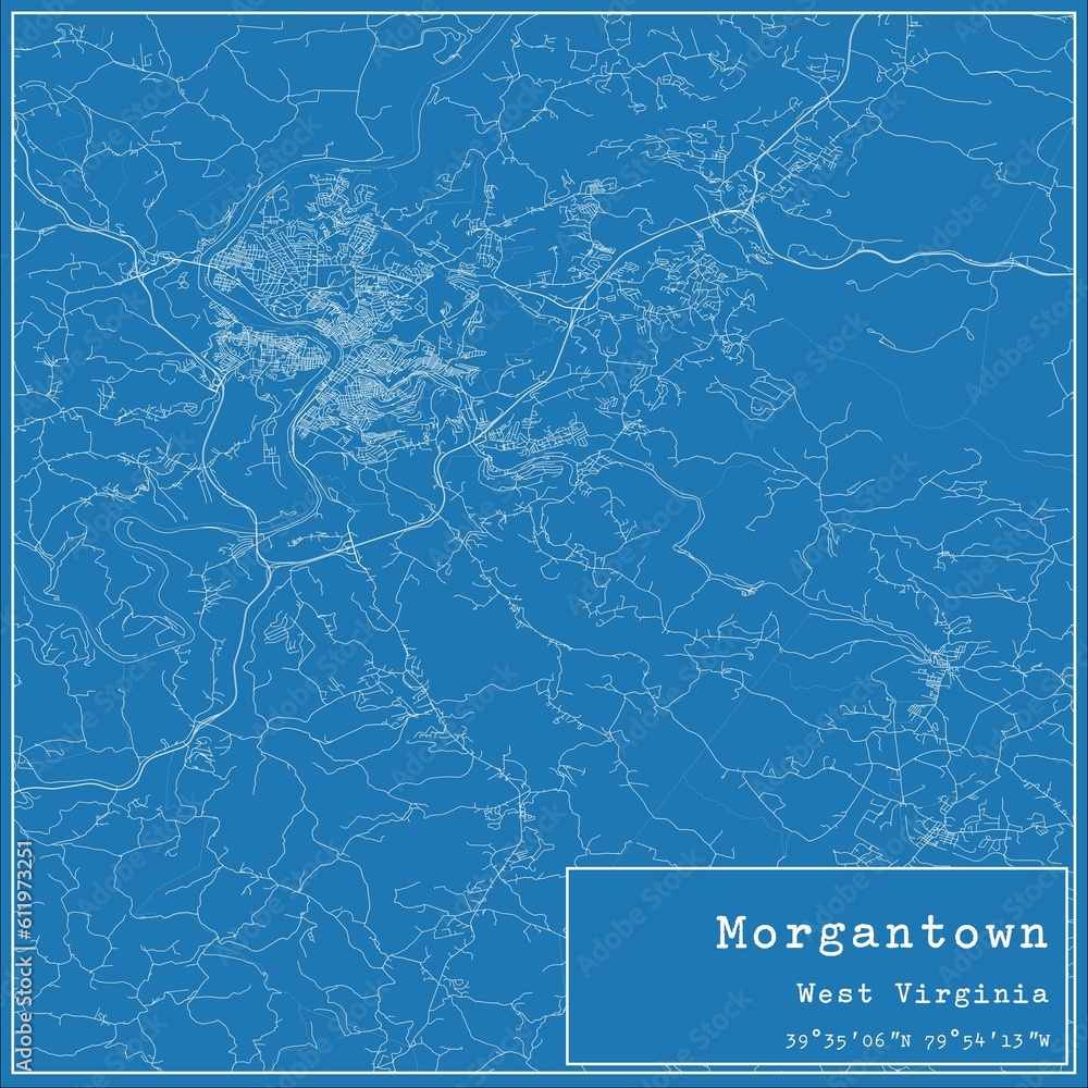Blueprint US city map of Morgantown, West Virginia.