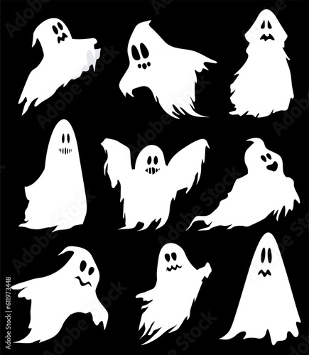 Cartoon halloween ghost, ghosted spooky spirit and mysterious phantoms. Scary ghost characters, fly funny spook, cute smiling scare halloween ghost mascots vector illustration set.