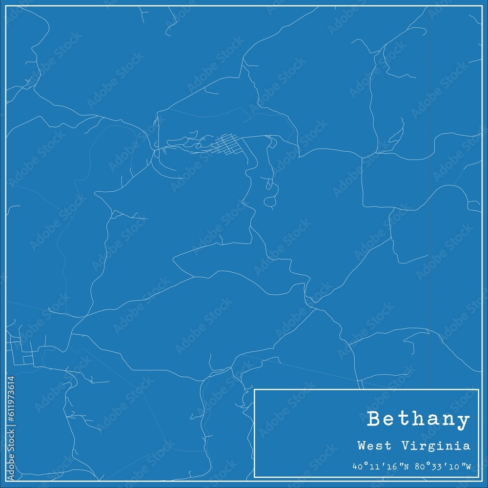 Blueprint US city map of Bethany, West Virginia. Blueprint US city map of Bethany, West Virginia.