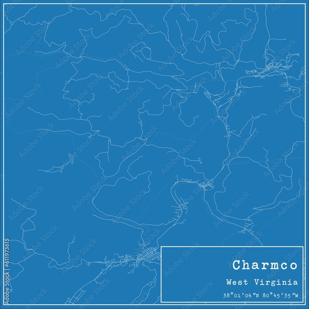 Blueprint US city map of Charmco, West Virginia.