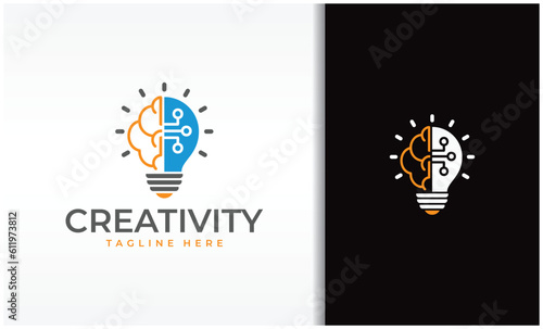 Creative logo of a half brain half lightbulb representing ideas, creativity, knowledge, technology and the human mind. Solving problems concept illustration.