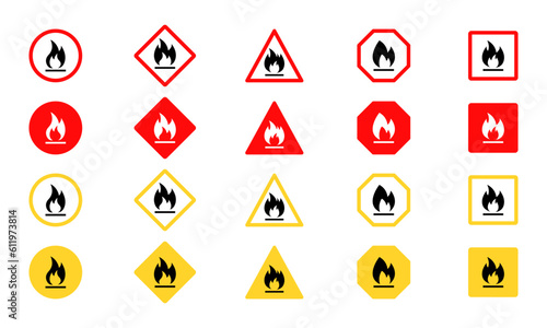 Set of highly flammable vector signs. Flammable substance. Chemical, gas and toxic danger. Red and yellow hazard symbol.