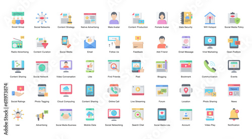 Social Media Flat Iconset Internet Network Icon Bundle 50 Vector Icons