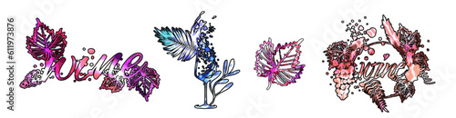 Colorful wine designs. Collection of wine elements. Hand drawn. Designs for advertising banners, menus and invitation cards. Wine glasses with splashing wine. Sketch vector illustration.