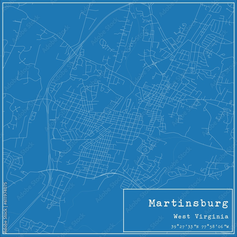 Blueprint US city map of Martinsburg, West Virginia.