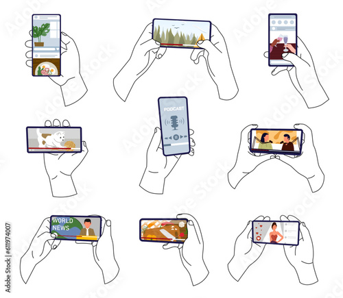 Hands holding a smartphone. Watching videos online on mobile phone screen. Podcast, news, watching video online, talk show, tv application, live streaming. Concept of news