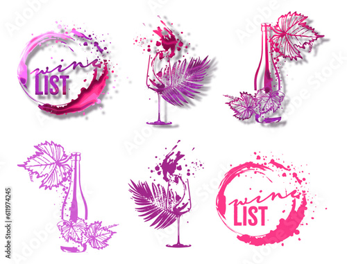 Colorful wine designs. Collection of wine elements. Hand drawn. Designs for advertising banners, menus and invitation cards. Wine glasses with splashing wine. Sketch vector illustration.