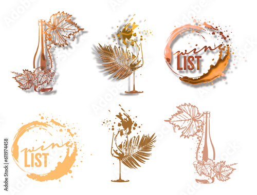 Colorful wine designs. Collection of wine elements. Hand drawn. Designs for advertising banners, menus and invitation cards. Wine glasses with splashing wine. Sketch vector illustration.