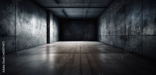 A dark concrete room very dark front wall. modern smooth concrete. Abstract concrete background. Hand edited generative ai.  photo