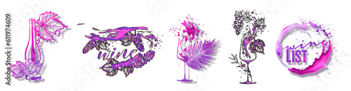 Colorful wine designs. Collection of wine elements. Hand drawn. Designs for advertising banners, menus and invitation cards. Wine glasses with splashing wine. Sketch vector illustration.