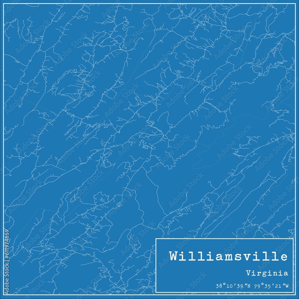Blueprint US city map of Williamsville, Virginia.