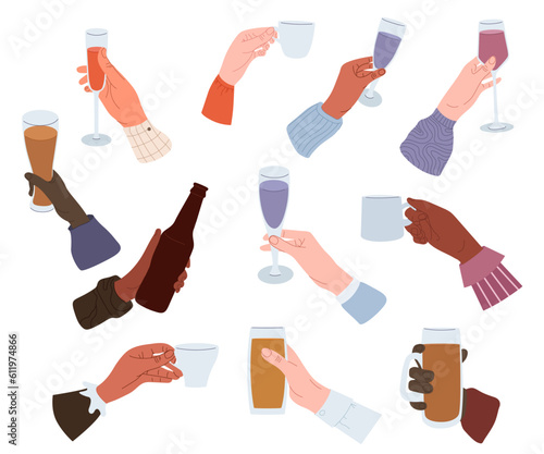 Drinks in hands set. People holding glass of wine or sparkling champagne, pint beer and bar cocktail. Beverages in glass, cup, bottle, wineglass