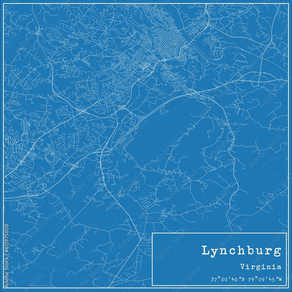 Blueprint US city map of Lynchburg, Virginia.