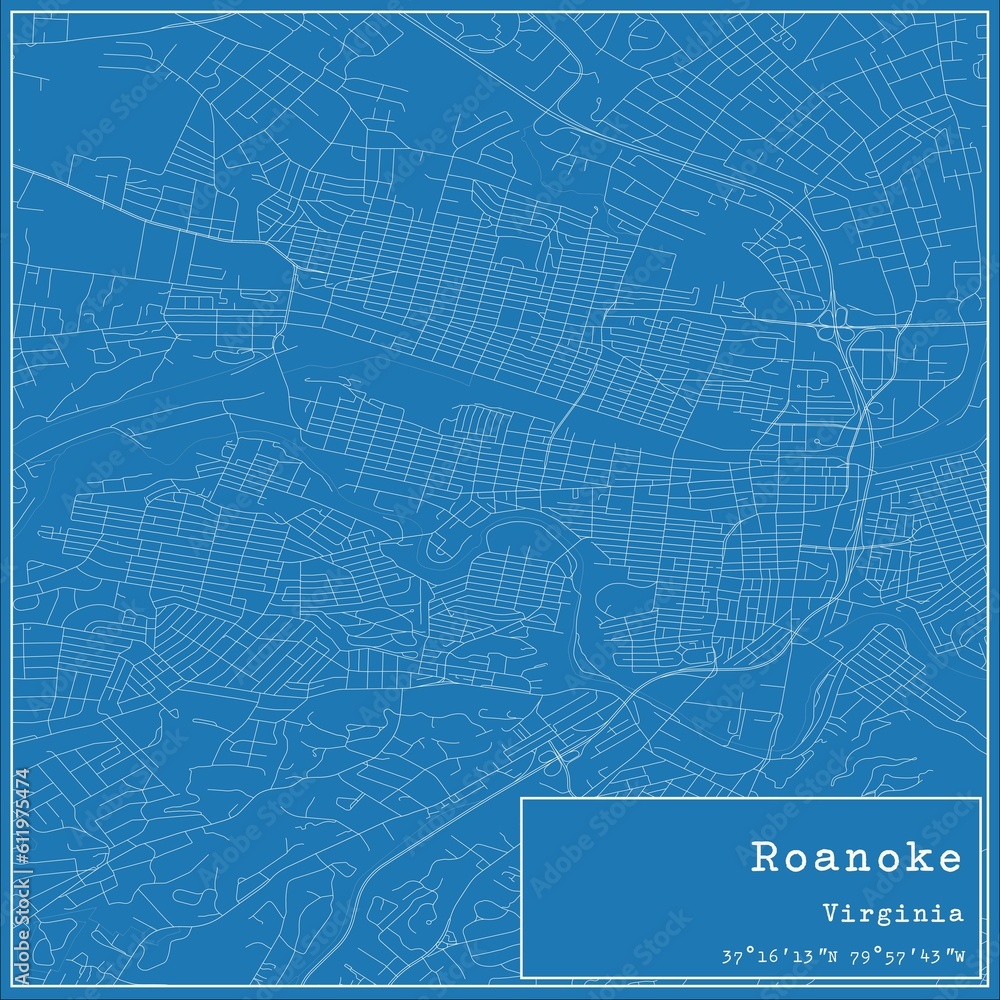 Blueprint US city map of Roanoke, Virginia.