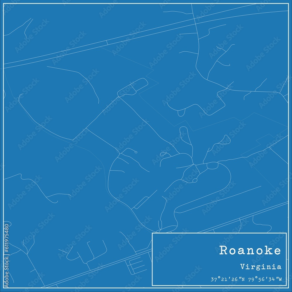 Blueprint US city map of Roanoke, Virginia.