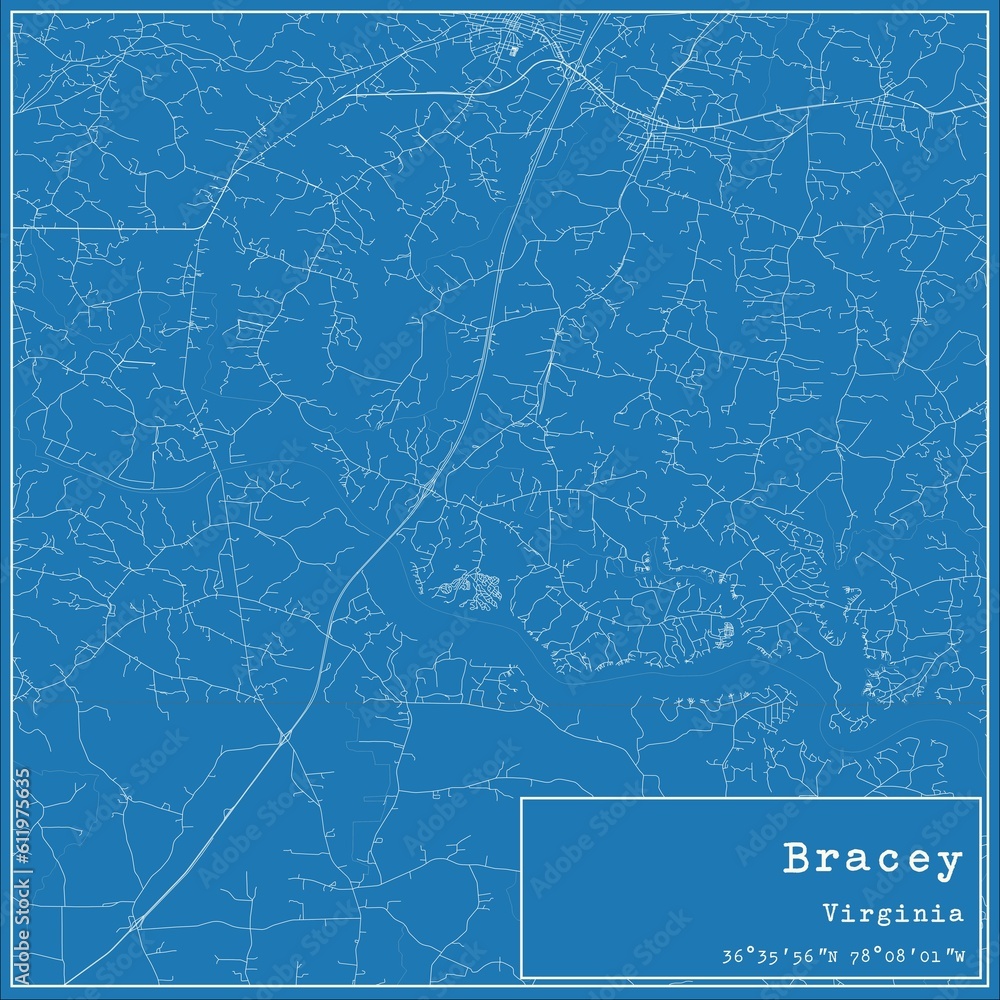 Blueprint US city map of Bracey, Virginia.