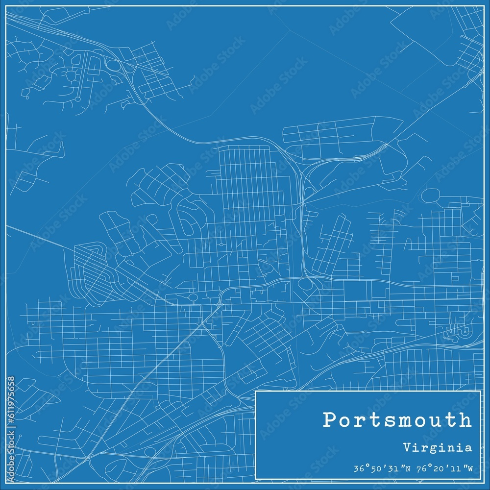Blueprint US city map of Portsmouth, Virginia.