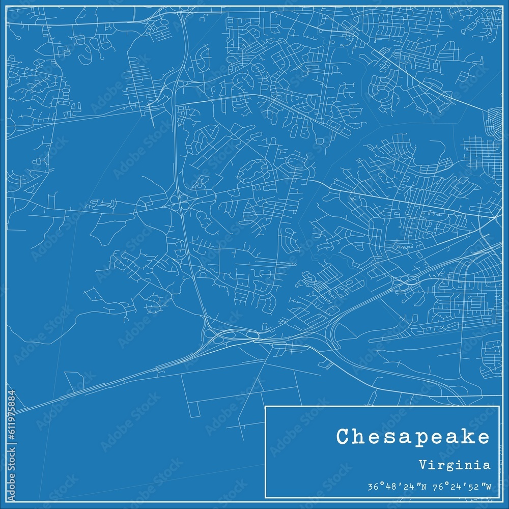 Blueprint US city map of Chesapeake, Virginia.