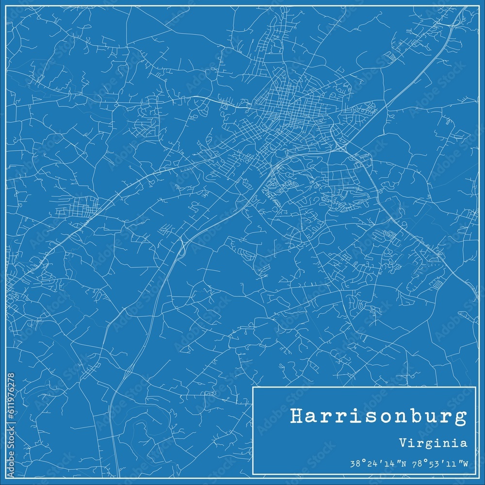 Blueprint US city map of Harrisonburg, Virginia.