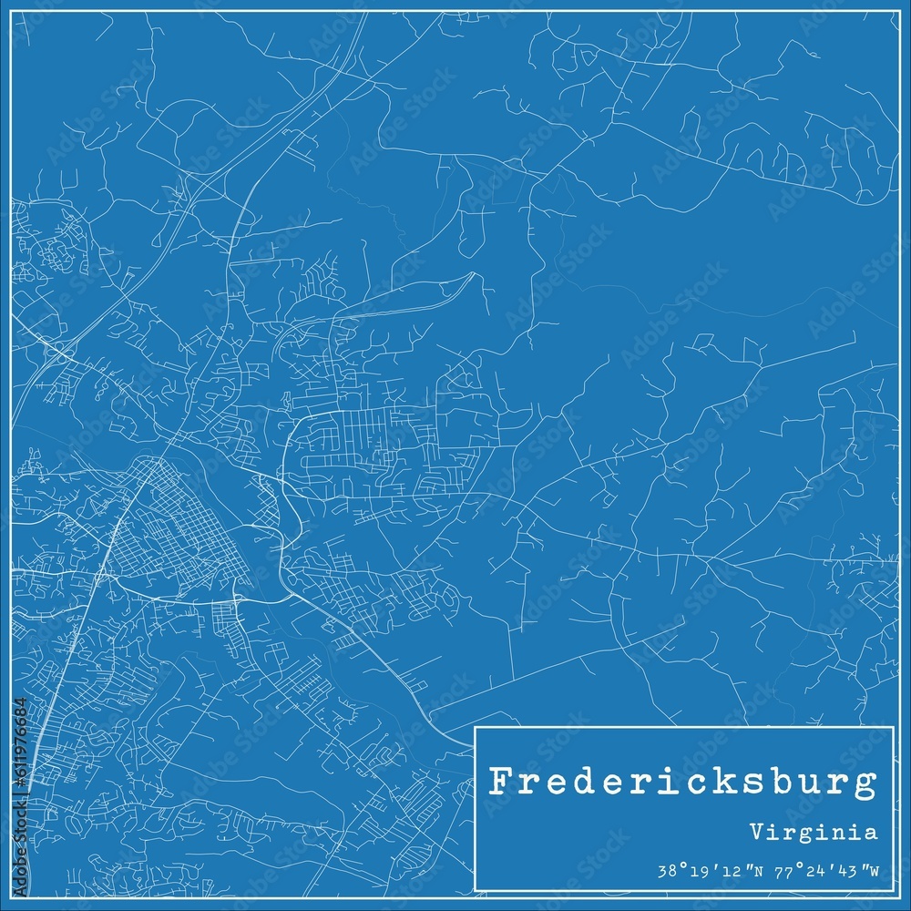 Blueprint US city map of Fredericksburg, Virginia.