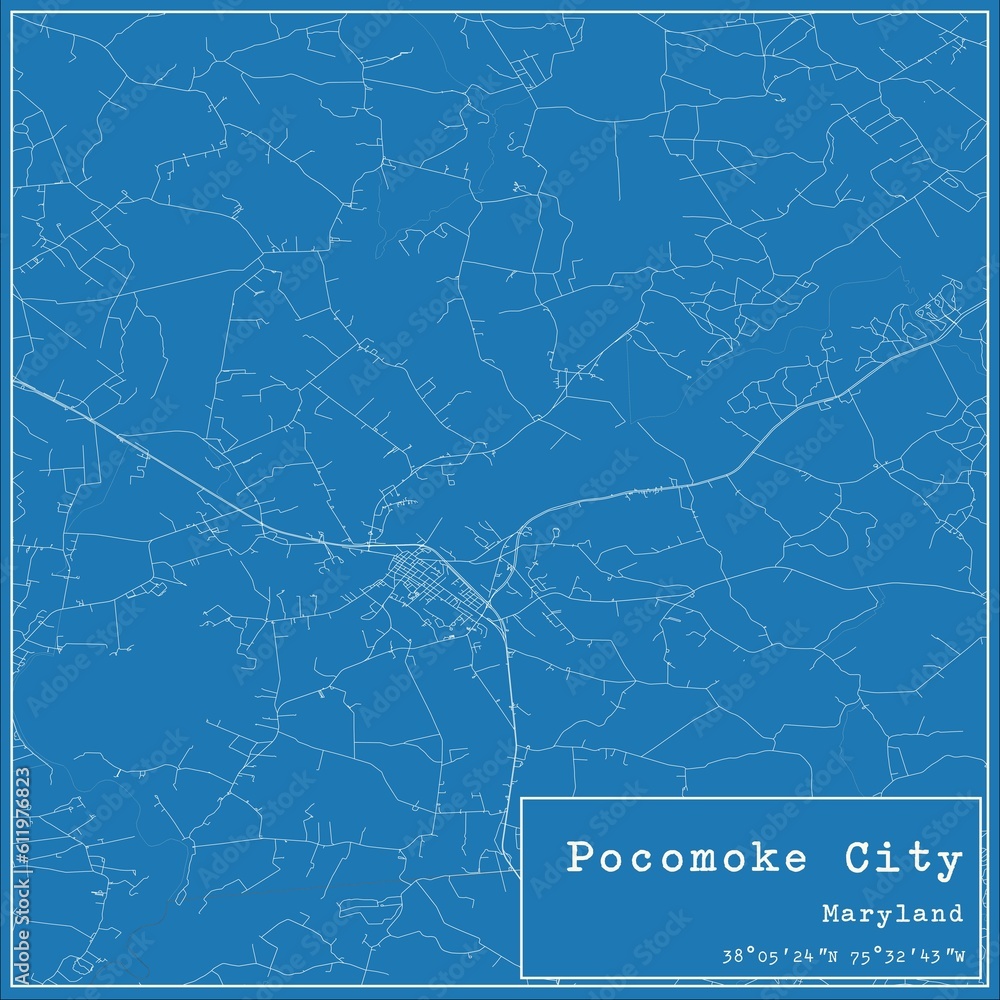 Blueprint US city map of Pocomoke City, Maryland.
