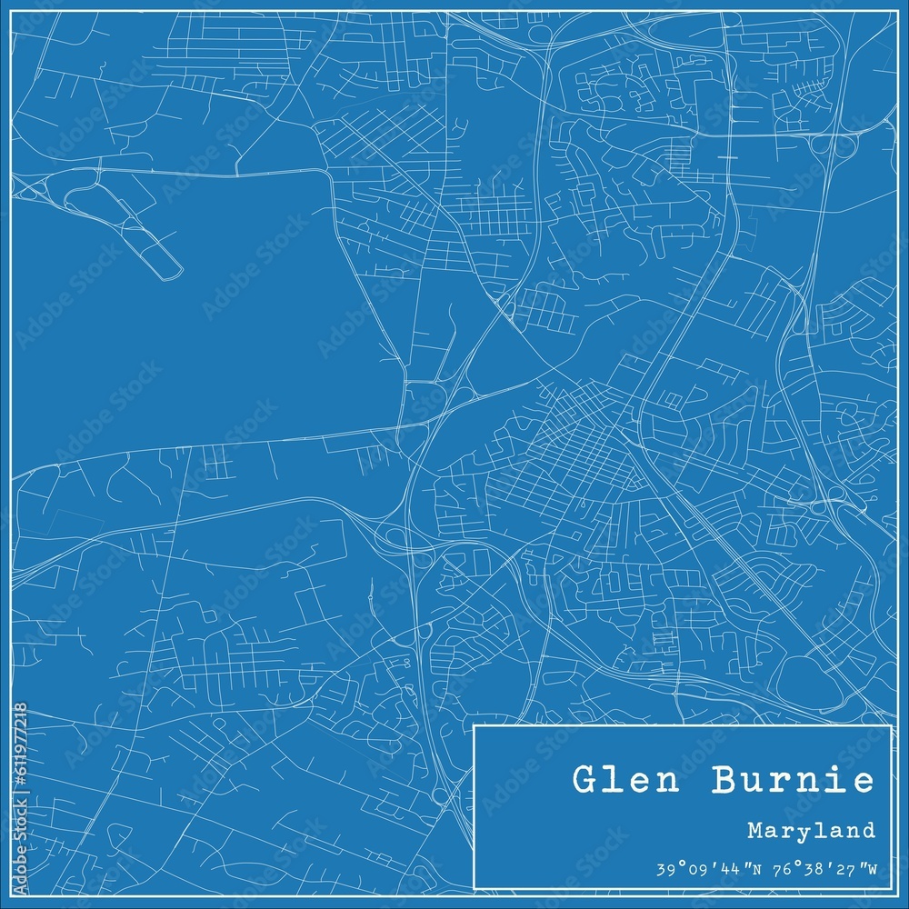 Blueprint US city map of Glen Burnie, Maryland.