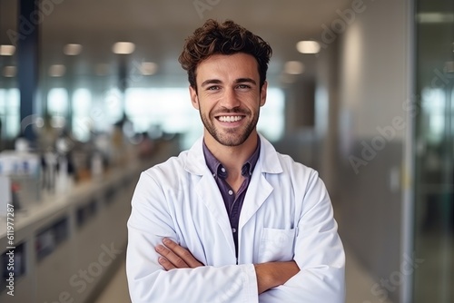 Valokuvatapetti Portrait of smiling male doctor standing with arms crossed in hospital corridor