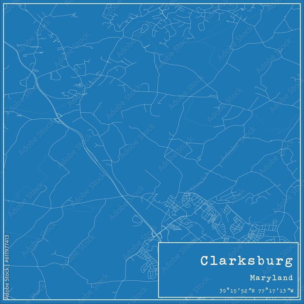 Blueprint US city map of Clarksburg, Maryland.