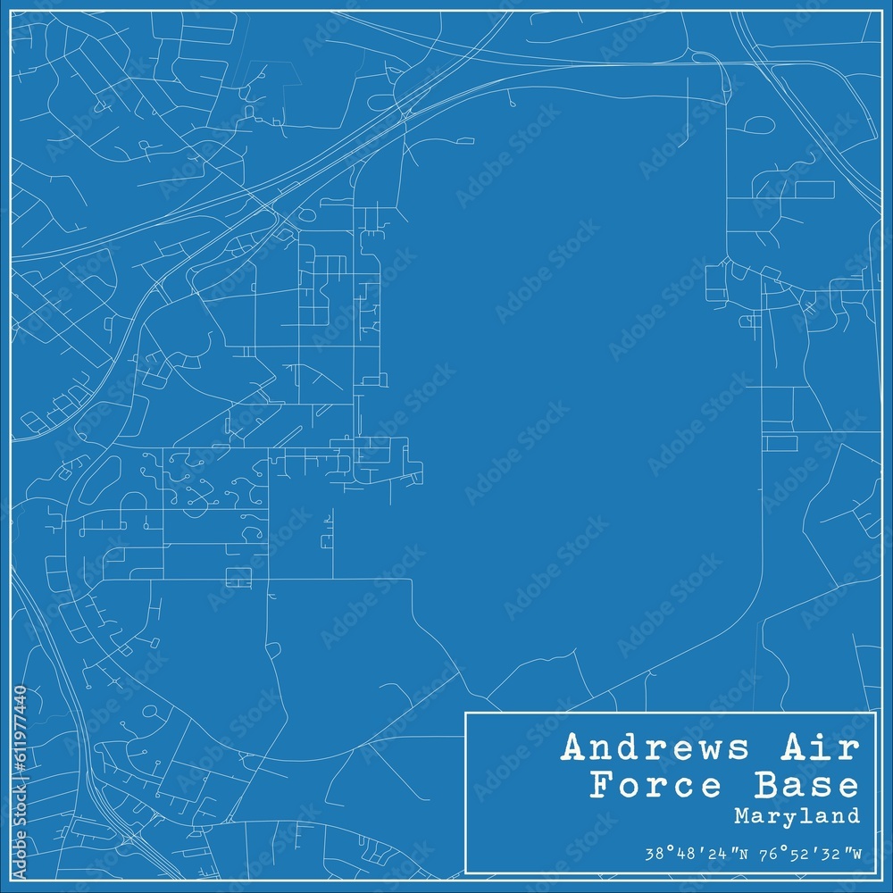 Blueprint US city map of Andrews Air Force Base, Maryland.