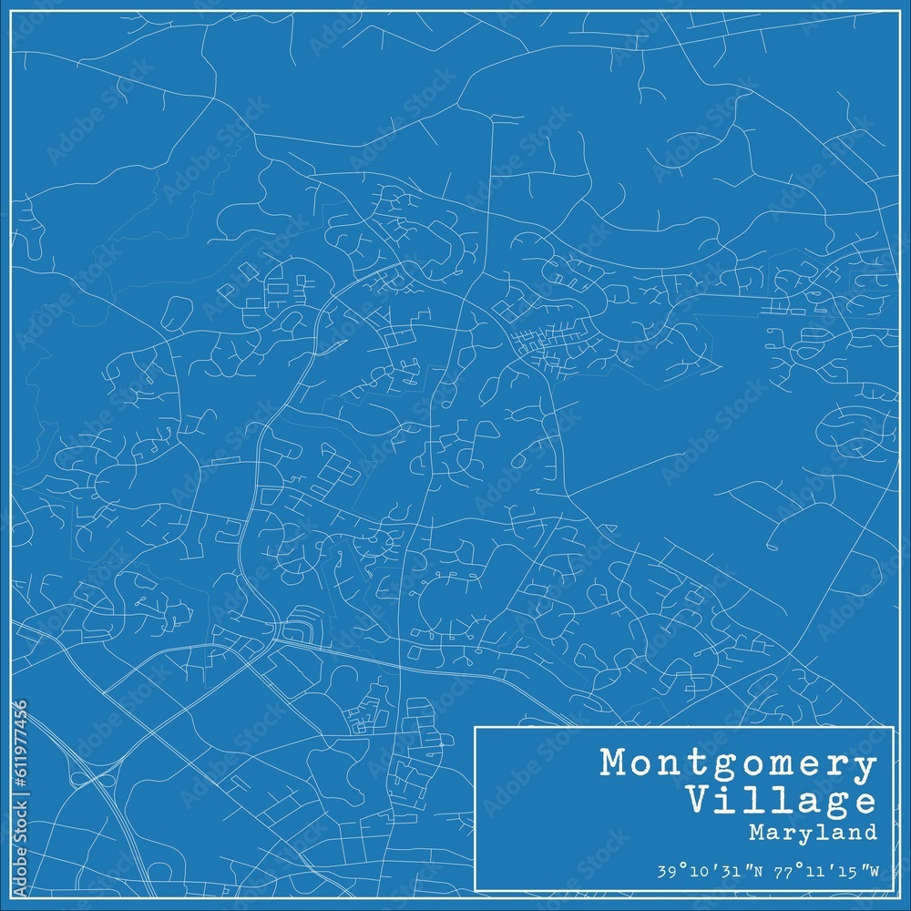 Blueprint US city map of Montgomery Village, Maryland.