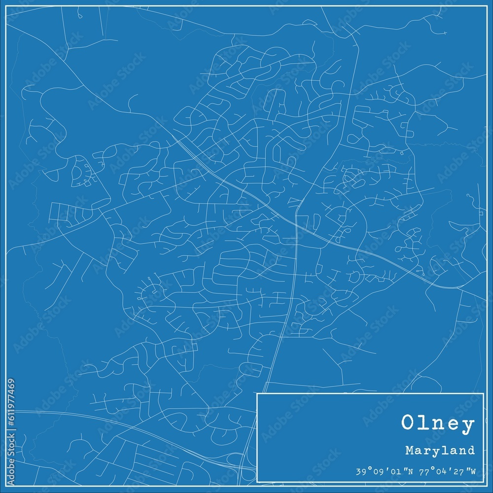 Blueprint US city map of Olney, Maryland.