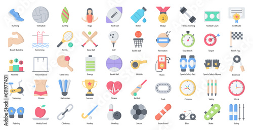Sports Flat Icons Sport Football Baseball Iconset in Color Style 50 Vector Icons 